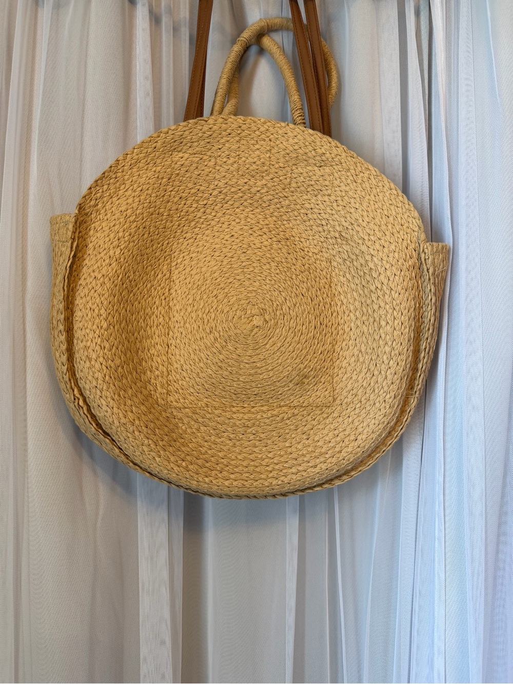 Round Woven Shoulder Bag in Natural Tan - Picture 6 of 8